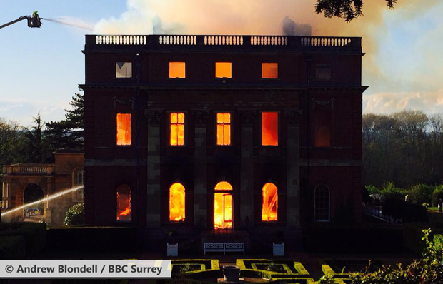 Clandon Park on fire, 29 April 2015 (Image: © Andrew Blondell / BBC Surrey)