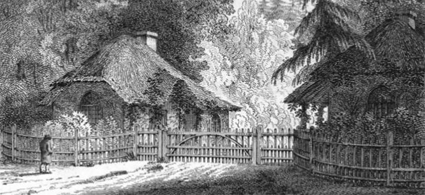 Lodges at the entrance to Mr Simeon's grounds on the Isle of Wight, designed by H. Repton (Image from 'A New Picture of the Isle of Wight' by W. Cooke (1808)